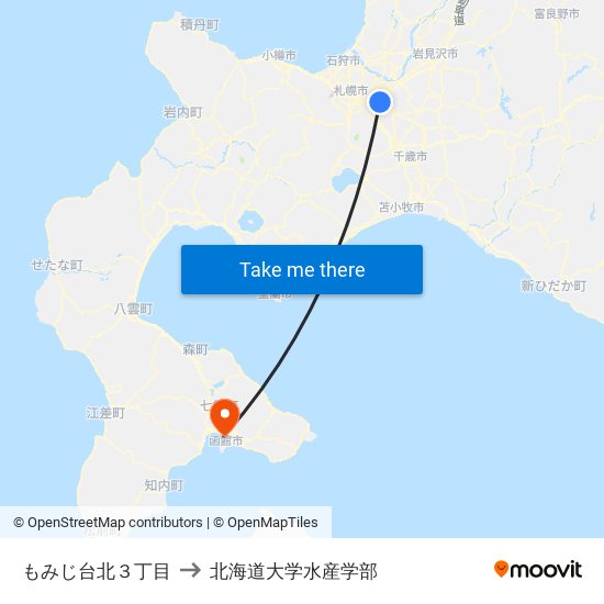 もみじ台北３丁目 to 北海道大学水産学部 map