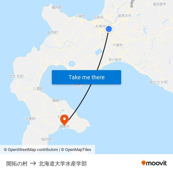 開拓の村 to 北海道大学水産学部 map