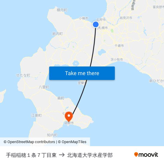 手稲稲穂１条７丁目東 to 北海道大学水産学部 map