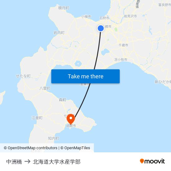 中洲橋 to 北海道大学水産学部 map