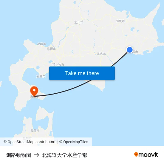 釧路動物園 to 北海道大学水産学部 map