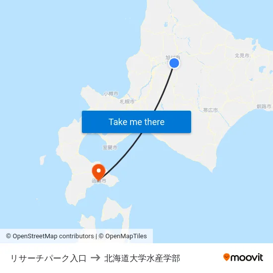 リサーチパーク入口 to 北海道大学水産学部 map