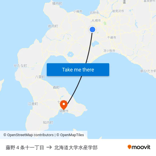 藤野４条十一丁目 to 北海道大学水産学部 map
