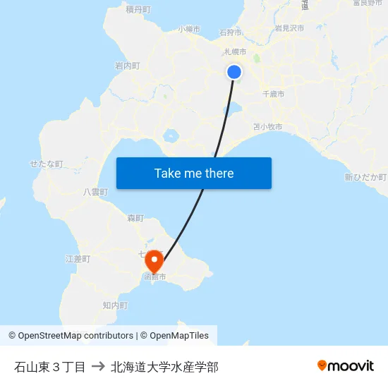 石山東３丁目 to 北海道大学水産学部 map