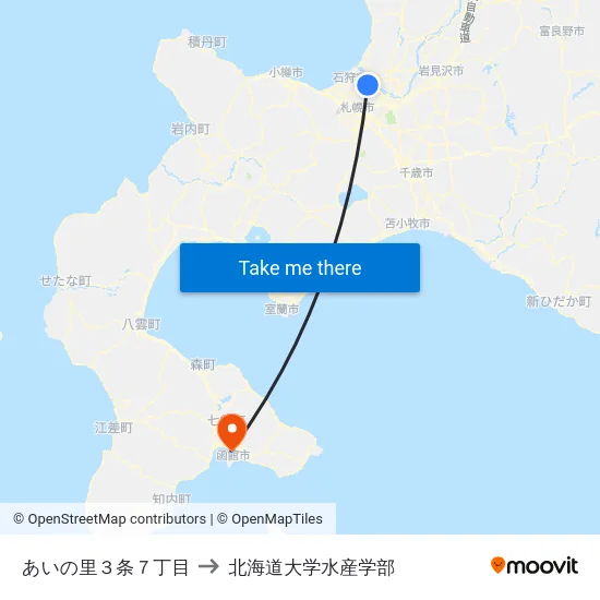 あいの里３条７丁目 to 北海道大学水産学部 map