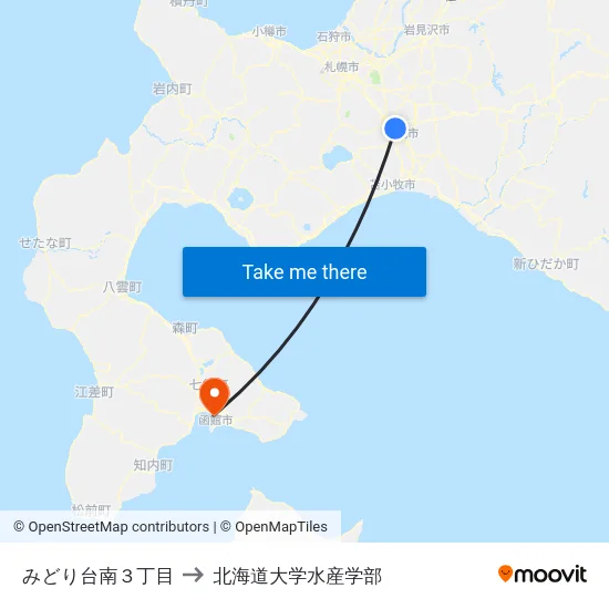みどり台南３丁目 to 北海道大学水産学部 map