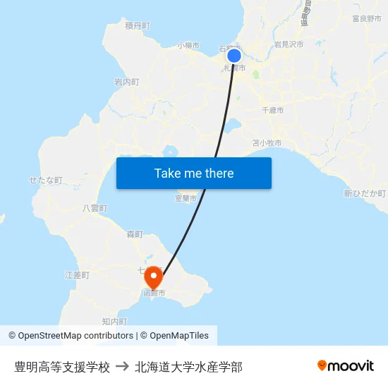 豊明高等支援学校 to 北海道大学水産学部 map