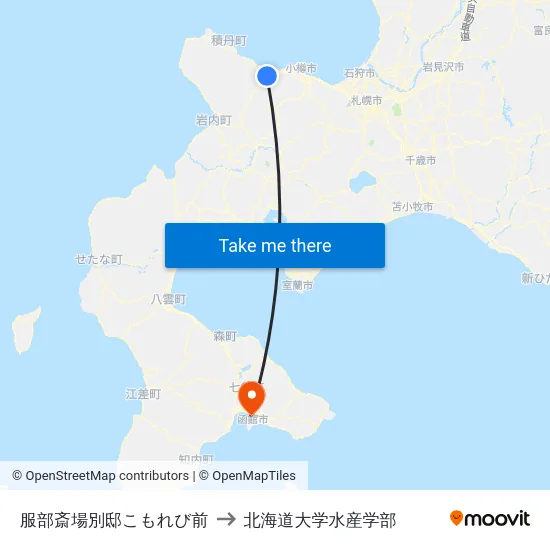 服部斎場別邸こもれび前 to 北海道大学水産学部 map