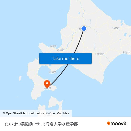 たいせつ農協前 to 北海道大学水産学部 map