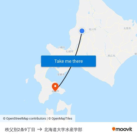 秩父別2条9丁目 to 北海道大学水産学部 map