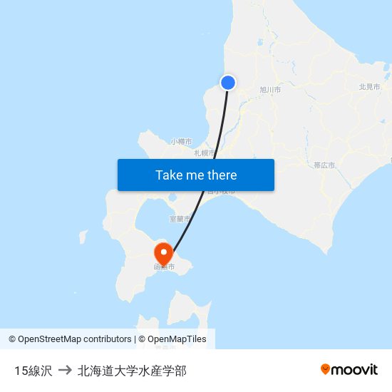 15線沢 to 北海道大学水産学部 map