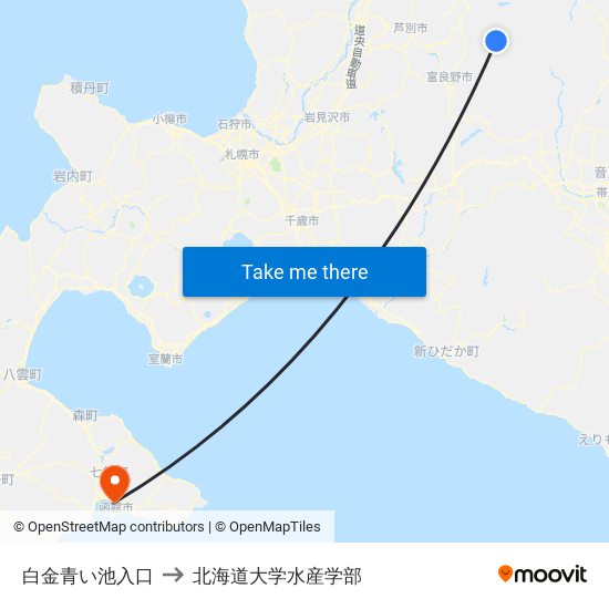 白金青い池入口 to 北海道大学水産学部 map