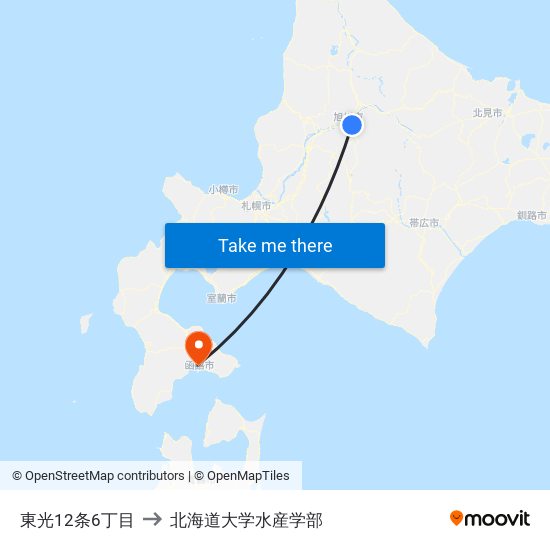 東光12条6丁目 to 北海道大学水産学部 map