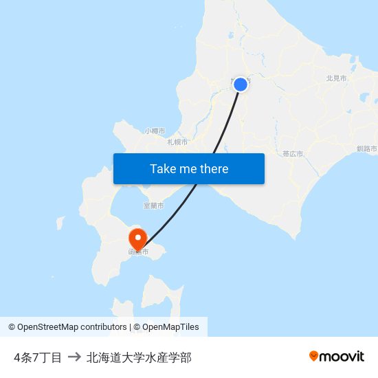 4条7丁目 to 北海道大学水産学部 map