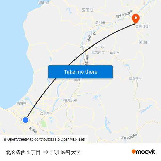 北８条西１丁目 to 旭川医科大学 map
