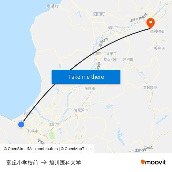富丘小学校前 to 旭川医科大学 map
