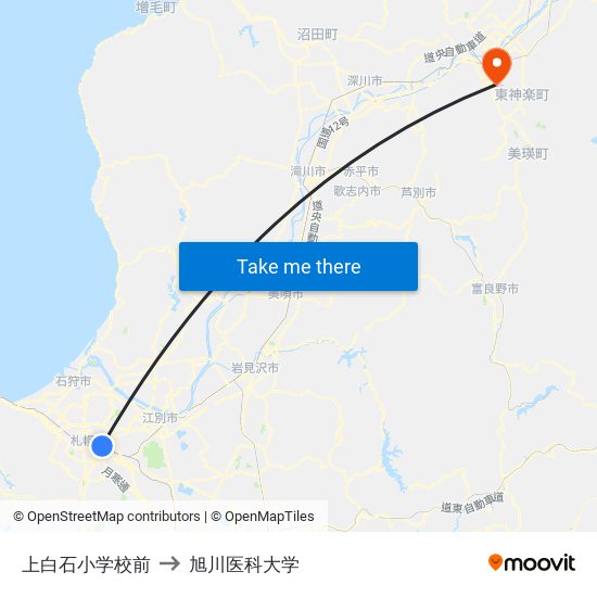 上白石小学校前 to 旭川医科大学 map