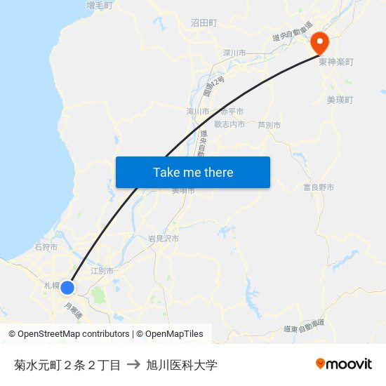 菊水元町２条２丁目 to 旭川医科大学 map