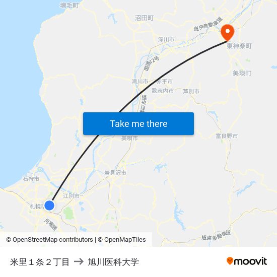 米里１条２丁目 to 旭川医科大学 map