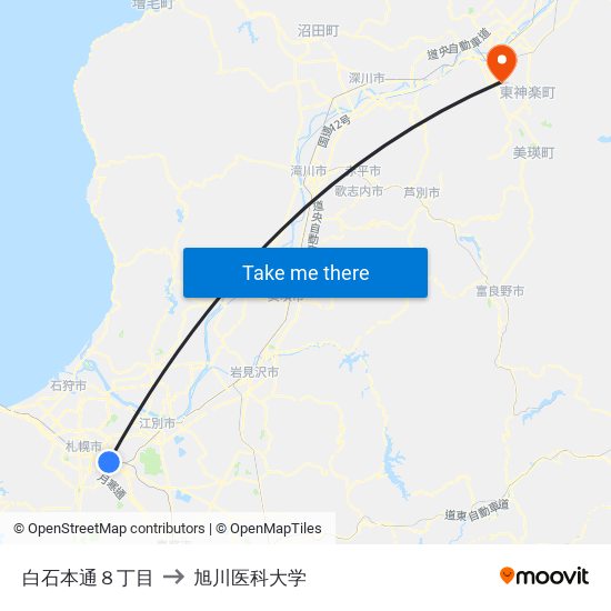 白石本通８丁目 to 旭川医科大学 map