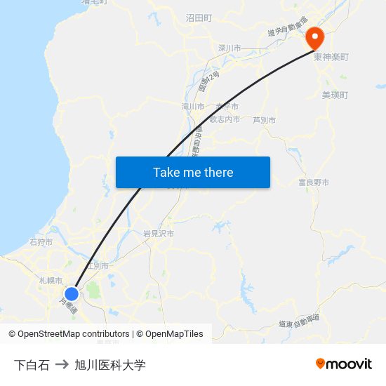 下白石 to 旭川医科大学 map
