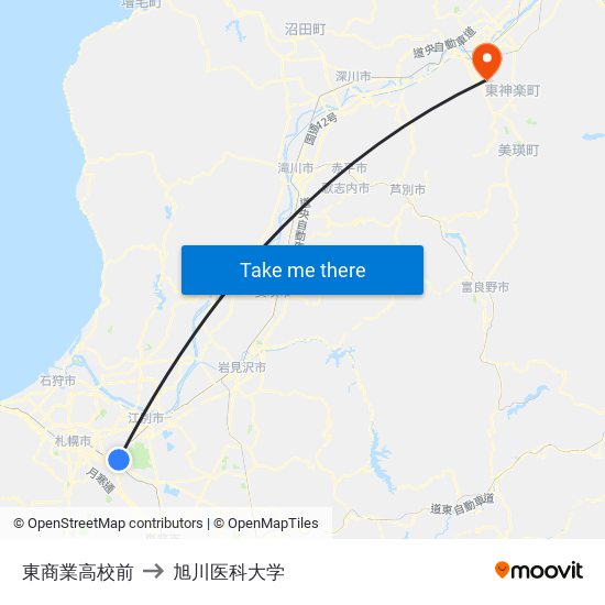 東商業高校前 to 旭川医科大学 map