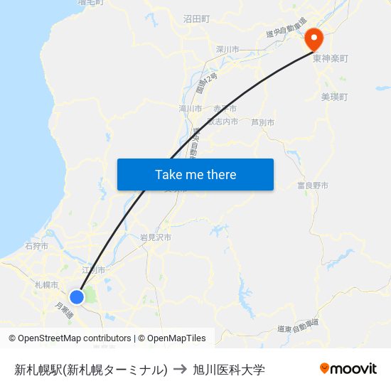 新札幌駅(新札幌ターミナル) to 旭川医科大学 map