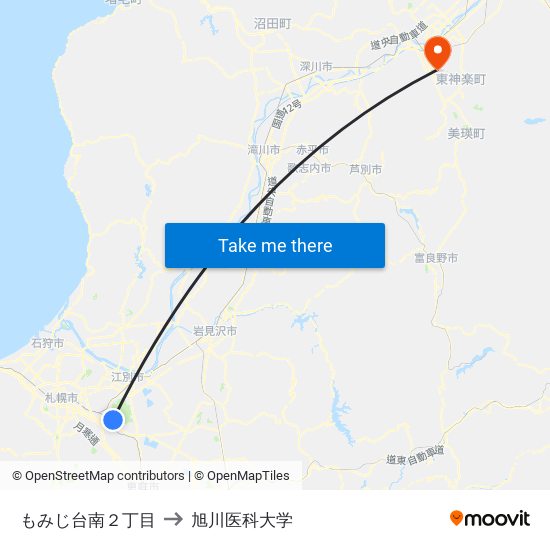 もみじ台南２丁目 to 旭川医科大学 map