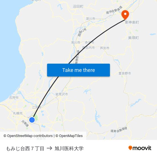 もみじ台西７丁目 to 旭川医科大学 map