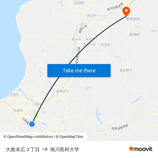 大曲末広３丁目 to 旭川医科大学 map