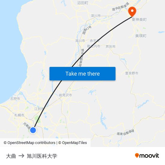 大曲 to 旭川医科大学 map