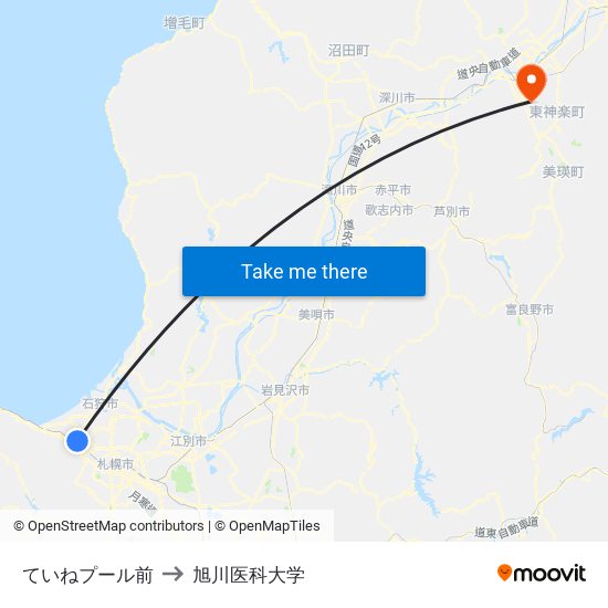 ていねプール前 to 旭川医科大学 map