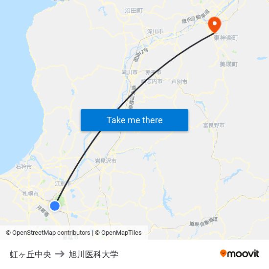 虹ヶ丘中央 to 旭川医科大学 map