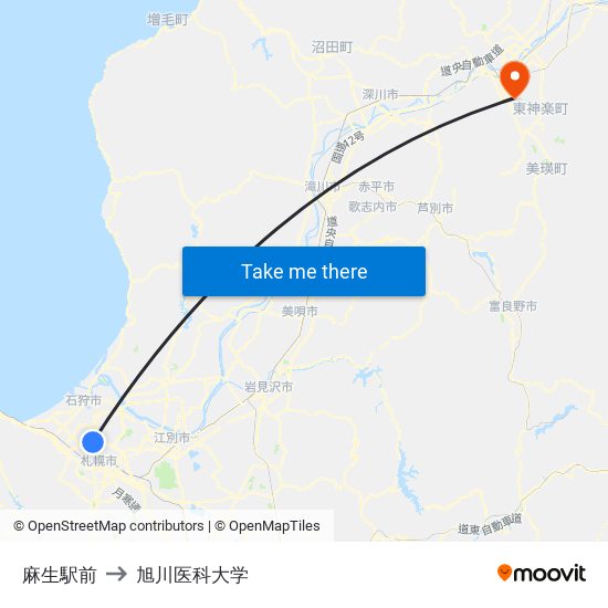 麻生駅前 to 旭川医科大学 map