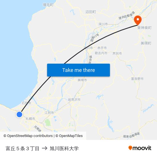 富丘５条３丁目 to 旭川医科大学 map