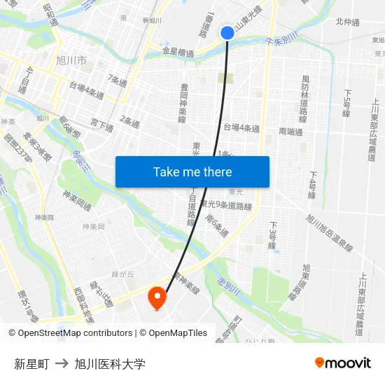 新星町 to 旭川医科大学 map
