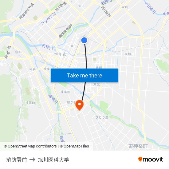 消防署前 to 旭川医科大学 map