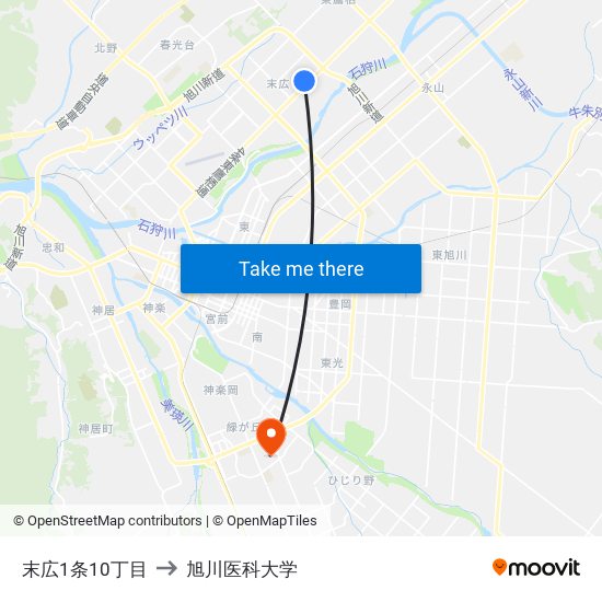 末広1条10丁目 to 旭川医科大学 map
