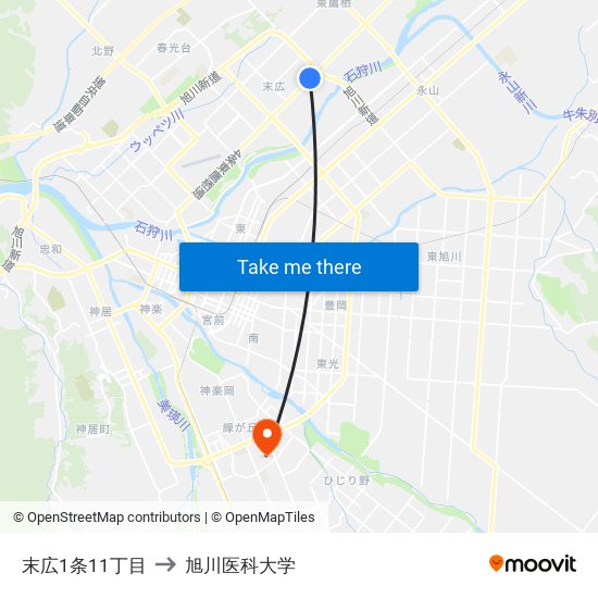 末広1条11丁目 to 旭川医科大学 map