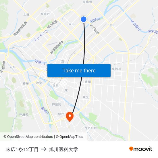 末広1条12丁目 to 旭川医科大学 map