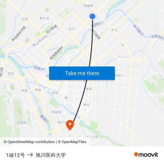 1線12号 to 旭川医科大学 map