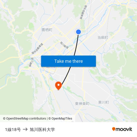 1線18号 to 旭川医科大学 map