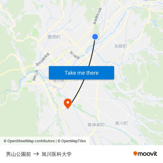 男山公園前 to 旭川医科大学 map