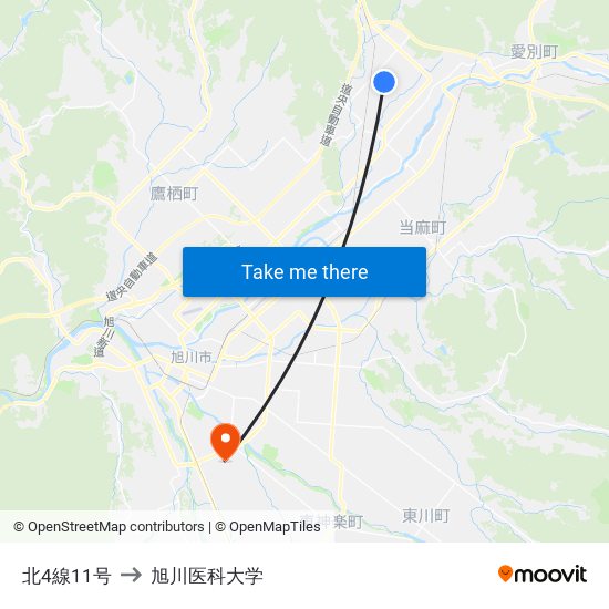 北4線11号 to 旭川医科大学 map