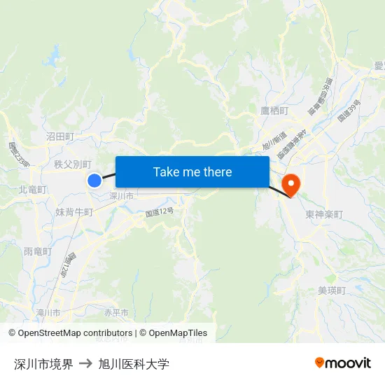 深川市境界 to 旭川医科大学 map