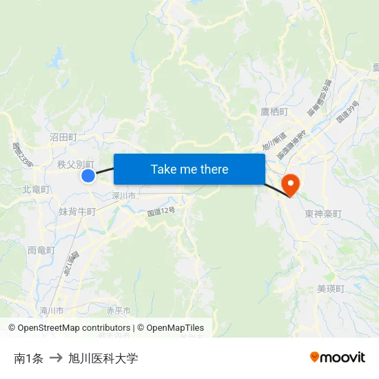 南1条 to 旭川医科大学 map