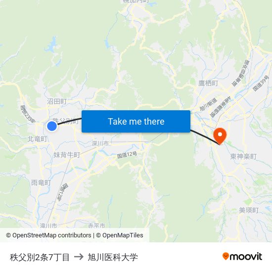 秩父別2条7丁目 to 旭川医科大学 map