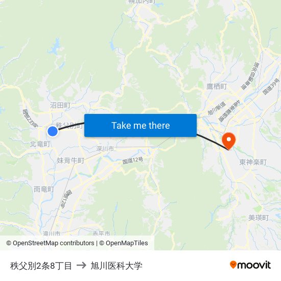 秩父別2条8丁目 to 旭川医科大学 map