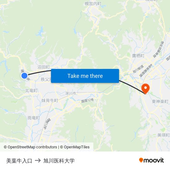 美葉牛入口 to 旭川医科大学 map