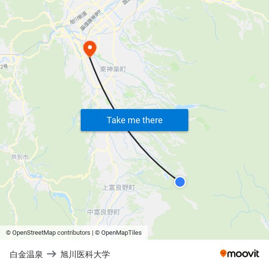 白金温泉 to 旭川医科大学 map